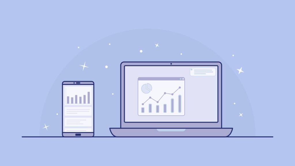 A laptop and a smartphone with charts shown on their displays 