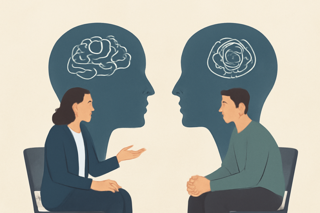Editorial illustration contrasting forward-focused coaching with deeper reflective therapy in a calm professional setting